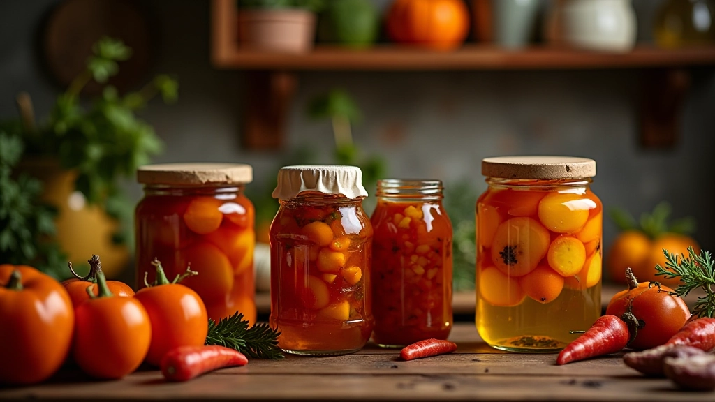 Autumn harvest preservation with jars and vegetables