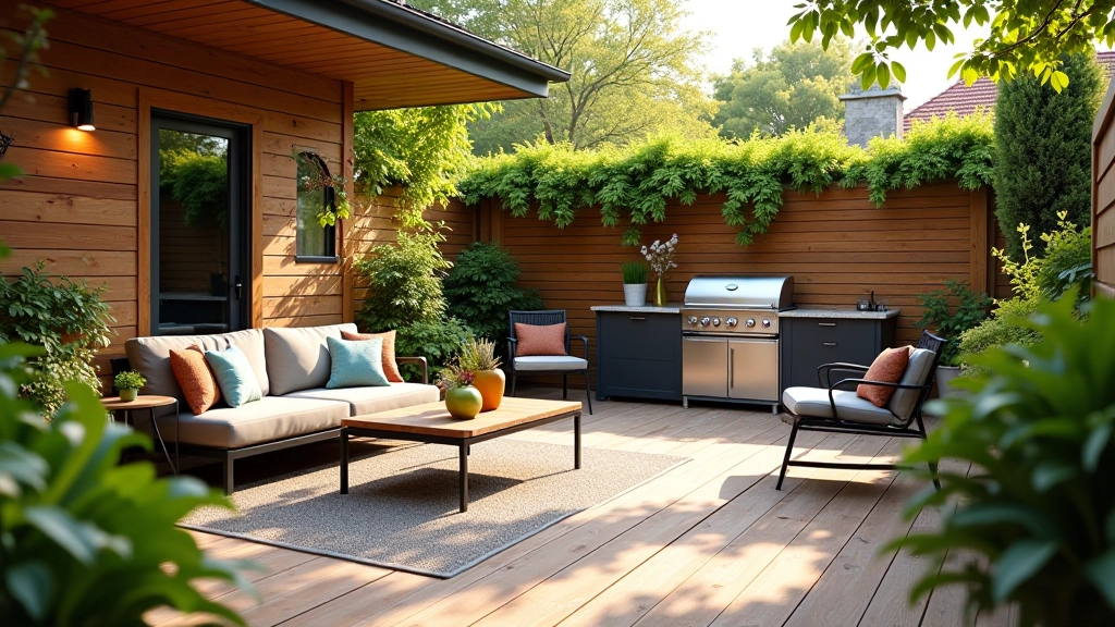Outdoor BBQ area with wooden deck, comfortable seating, and summer plants surrounding the space