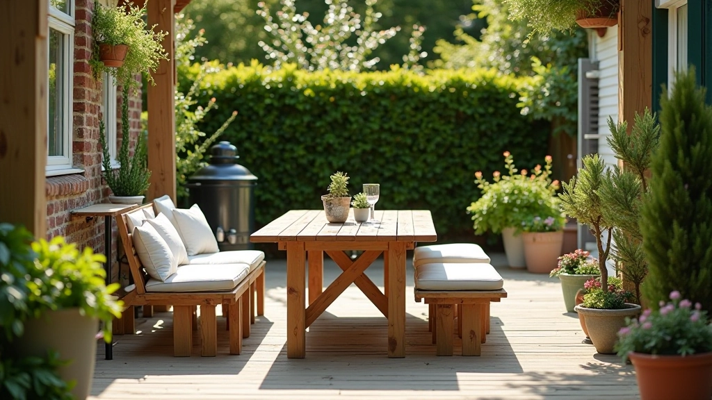 Budget-friendly outdoor entertaining setup with practical furniture choices and DIY-friendly decorative elements creating an attractive garden space